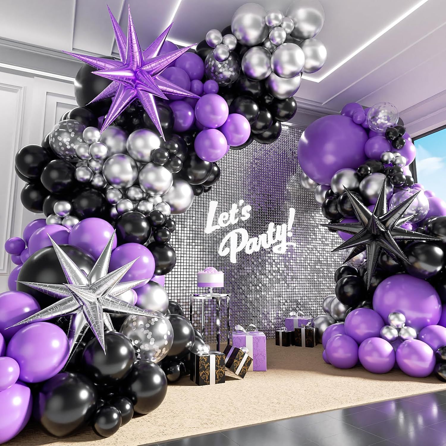Balloon Arch Kit - 141pcs Purple, Black, Silver Balloon Garland